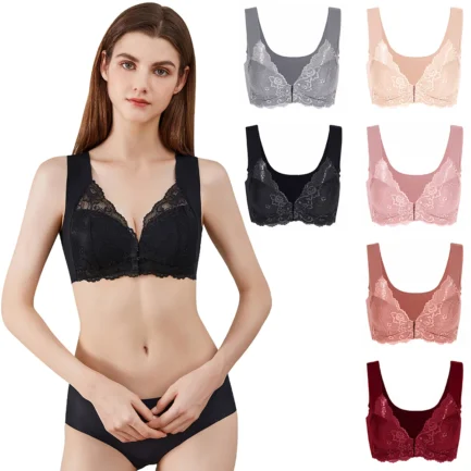 Women Front Closure Padded Wireless Bra Floral Lace Widen Strap Smoothing Demi Push Up Thin Soft Bralette - Image 4