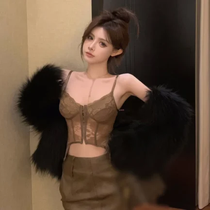 Retro Lace Bra Camisole With Chest Pad Women Hollow Out Sexy Inner Wear Wrap Chest Leisure Slim Fitting Sleeveless Vest - Image 12