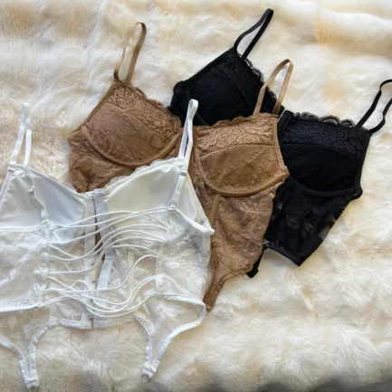 Retro Lace Bra Camisole With Chest Pad Women Hollow Out Sexy Inner Wear Wrap Chest Leisure Slim Fitting Sleeveless Vest - Image 5