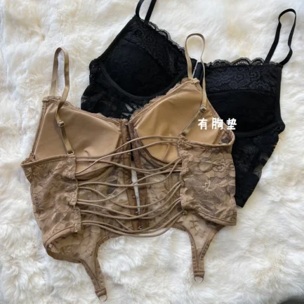 Retro Lace Bra Camisole With Chest Pad Women Hollow Out Sexy Inner Wear Wrap Chest Leisure Slim Fitting Sleeveless Vest - Image 6