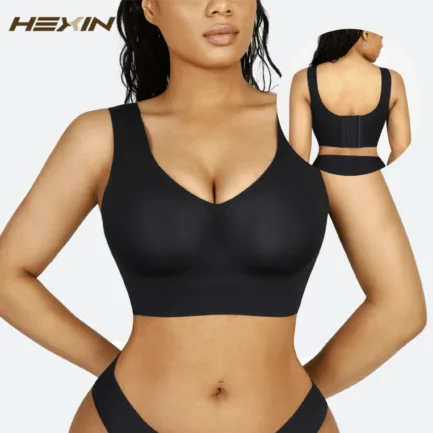 Women Fitted V-Neck Seamless Bra Tank Top Built-in thin Bra Cup Hide Back Fat Full Back Coverage Underwire Steel Bones Bra