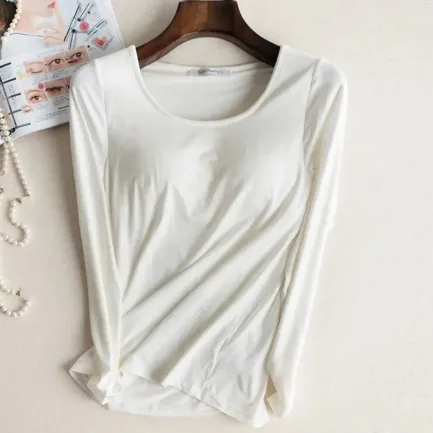 Bra Padded Basic T-shirt Women Modal Long Sleeve O Neck Solid Tee Shirt Built In Bra Casual Soft Breathable Tee Tops 2018 - Image 13