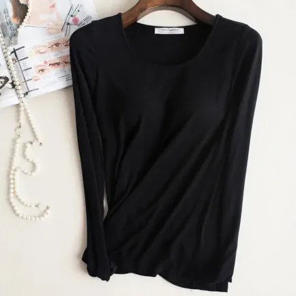 Bra Padded Basic T-shirt Women Modal Long Sleeve O Neck Solid Tee Shirt Built In Bra Casual Soft Breathable Tee Tops 2018 - Image 4