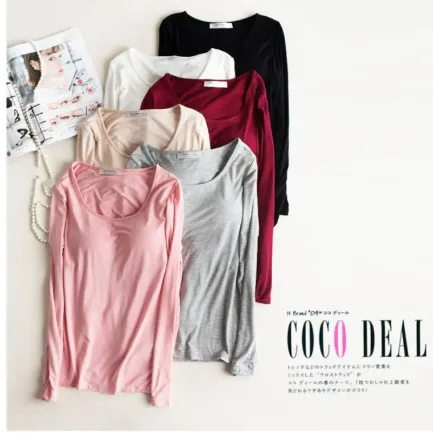 Bra Padded Basic T-shirt Women Modal Long Sleeve O Neck Solid Tee Shirt Built In Bra Casual Soft Breathable Tee Tops 2018 - Image 9