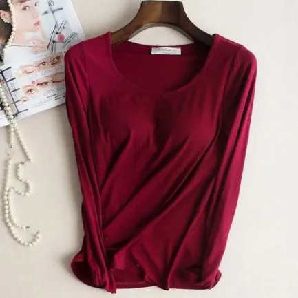 Bra Padded Basic T-shirt Women Modal Long Sleeve O Neck Solid Tee Shirt Built In Bra Casual Soft Breathable Tee Tops 2018