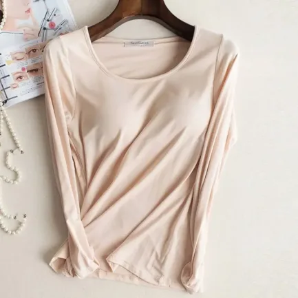 Bra Padded Basic T-shirt Women Modal Long Sleeve O Neck Solid Tee Shirt Built In Bra Casual Soft Breathable Tee Tops 2018 - Image 10