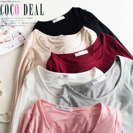 Bra Padded Basic T-shirt Women Modal Long Sleeve O Neck Solid Tee Shirt Built In Bra Casual Soft Breathable Tee Tops 2018 - Image 7