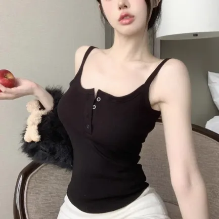 Button Bra Top Solid Color Slim Fit Thin Strap Tank Tops Women Summer Casual Sleeveless T-Shirt Vest with Chest Pads - Image 17