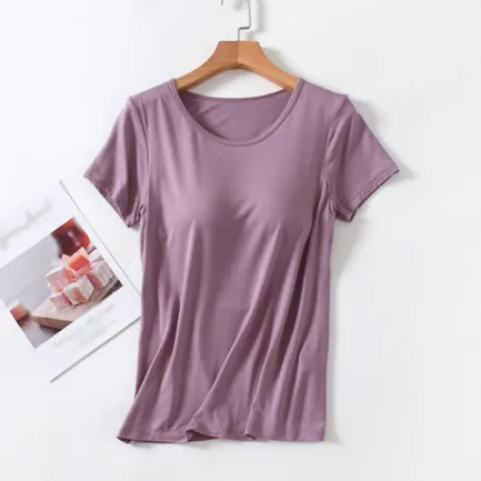 Women's One-Piece T-Shirt With Built In Bra Short-sleeved Slim Fit Soft Breathable Casual All-Matching Tops - Image 15