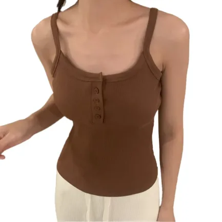 Button Bra Top Solid Color Slim Fit Thin Strap Tank Tops Women Summer Casual Sleeveless T-Shirt Vest with Chest Pads - Image 37
