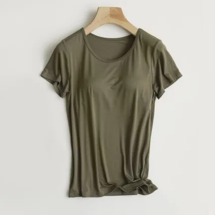 Builtin Bra T Shirt For Womens Padded Active Tops Short Sleeves Blouses Soft Pajama Casual Shirts For Workout Yoga Ropa De Mujer - Image 12