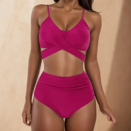 Solid Swimsuit for Women High Waist Bikini Swimwear Sexy Push Up Bra Soild Swimwears Tankinis Set Ruched Wrap Hip Triangle Panty