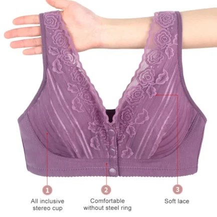 Women's 18 Hour Front Close Wirefree Bras Back Support Posture Full Coverage Bra Flower Embroidery Soft Wireless Cotton Bra - Image 2