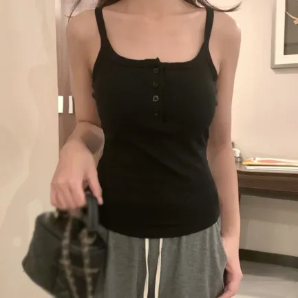 Button Bra Top Solid Color Slim Fit Thin Strap Tank Tops Women Summer Casual Sleeveless T-Shirt Vest with Chest Pads - Image 19