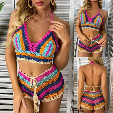 Ladies Summer Sexy Bikinis Set Beach Vacation Colorful Hand Crochet Knitted Bikini Set Push Up V Neck Bra With Padded Swimsuit - Image 6