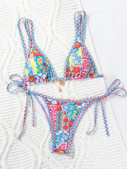 Colorful Printed Bikini Set for Women Sexy Thong Triangle Bra 2 Piece Swimsuit Suspender Backless Beach Vacation Swimwear 2024