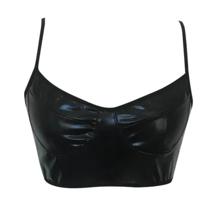 Womens Leather Crop Tops Wet Look Bra V Neck Tank Tops Sexy Gothic Camisoles Skinny Clubwear Camisole Erotic Lingerie Vests топ - Image 5
