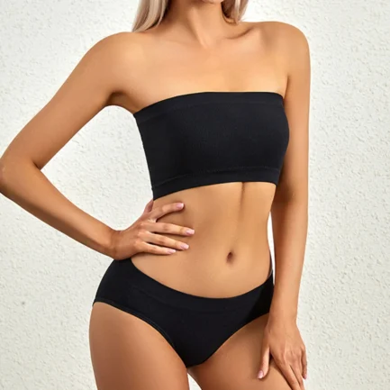 2 Piece Strapless Top With Padded Bra Lingerie Vest And Pack Hip Big Triangle Square Panty Solid Color Underwear Set For Women - Image 2