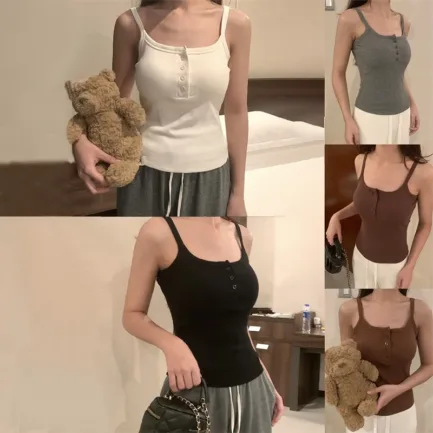 Button Bra Top Solid Color Slim Fit Thin Strap Tank Tops Women Summer Casual Sleeveless T-Shirt Vest with Chest Pads - Image 43
