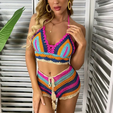 Ladies Summer Sexy Bikinis Set Beach Vacation Colorful Hand Crochet Knitted Bikini Set Push Up V Neck Bra With Padded Swimsuit - Image 10