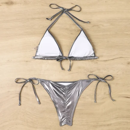 Women Bikini Sets Metallic Shiny String Push Up Padded Bra Thong 2 Pieces Swimsuit Set G-String T Back Thong Triangle Panty - Image 3