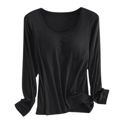 Built in Bra Padded Long Sleeve T Shirt Women Active Soft Casual Pajama Tops Tee Loose Fit Korean Home Round Neck Tee Shirt - Image 10