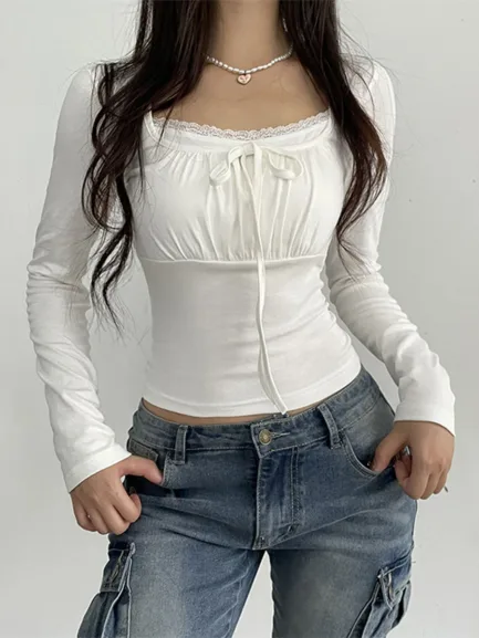 Women s Spring Autumn Fashion Tops White Long Sleeve Lace Trim Ruched Tie Up T-shirt - Image 7
