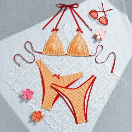 Women's Checkered Print Bikini 3 Piece Set Sweet Wind Bow Swimsuit Sexy Triangle Bra Halter Backless Beach Swimwear 2024 New - Image 16