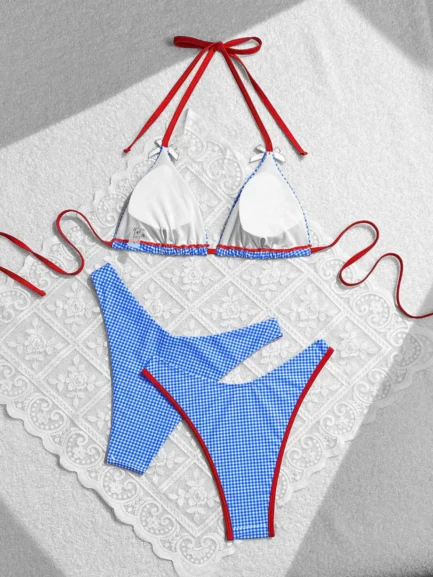 Women's Checkered Print Bikini 3 Piece Set Sweet Wind Bow Swimsuit Sexy Triangle Bra Halter Backless Beach Swimwear 2024 New - Image 9