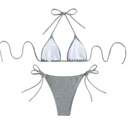 Swimwear For Women 2024 Plus Size Silver Silk Fabric Sexy Triangle Split Bikini Swimsuit For Women Trajes De BañO Mujer - Image 3