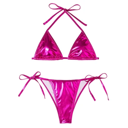 Women Bikini Sets Metallic Shiny String Push Up Padded Bra Thong 2 Pieces Swimsuit Set G-String T Back Thong Triangle Panty - Image 9