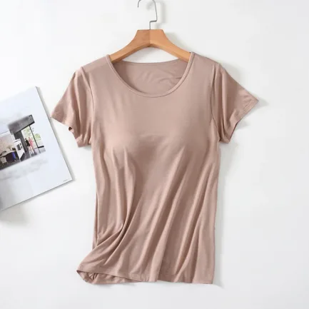 Women's One-Piece T-Shirt With Built In Bra Short-sleeved Slim Fit Soft Breathable Casual All-Matching Tops - Image 12