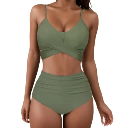 Solid Swimsuit for Women High Waist Bikini Swimwear Sexy Push Up Bra Soild Swimwears Tankinis Set Ruched Wrap Hip Triangle Panty - Image 15