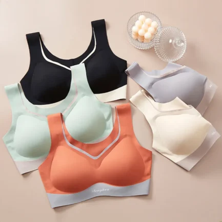 Elegant Seamless Latex Gathering Bra For Women Ice Silk Color Contrast Soft Breathable Underwear Anti-Slip Smooth Daily Bra - Image 6