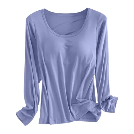 Built in Bra Padded Long Sleeve T Shirt Women Active Soft Casual Pajama Tops Tee Loose Fit Korean Home Round Neck Tee Shirt - Image 5