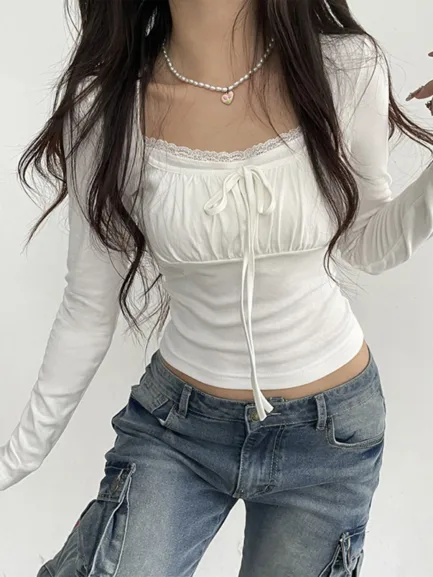 Women s Spring Autumn Fashion Tops White Long Sleeve Lace Trim Ruched Tie Up T-shirt - Image 14