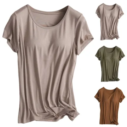 Builtin Bra T Shirt For Womens Padded Active Tops Short Sleeves Blouses Soft Pajama Casual Shirts For Workout Yoga Ropa De Mujer - Image 7