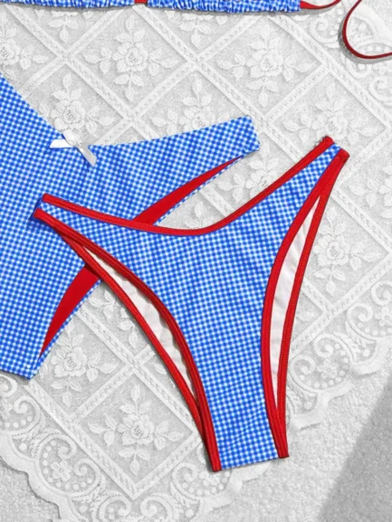 Women's Checkered Print Bikini 3 Piece Set Sweet Wind Bow Swimsuit Sexy Triangle Bra Halter Backless Beach Swimwear 2024 New - Image 11