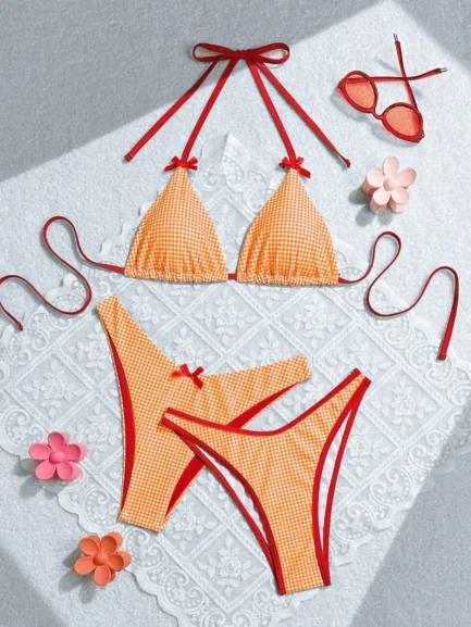 Women's Checkered Print Bikini 3 Piece Set Sweet Wind Bow Swimsuit Sexy Triangle Bra Halter Backless Beach Swimwear 2024 New - Image 14
