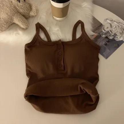 Button Bra Top Solid Color Slim Fit Thin Strap Tank Tops Women Summer Casual Sleeveless T-Shirt Vest with Chest Pads - Image 36