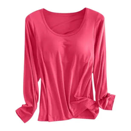 Built in Bra Padded Long Sleeve T Shirt Women Active Soft Casual Pajama Tops Tee Loose Fit Korean Home Round Neck Tee Shirt - Image 12
