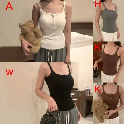 Button Bra Top Solid Color Slim Fit Thin Strap Tank Tops Women Summer Casual Sleeveless T-Shirt Vest with Chest Pads - Image 44