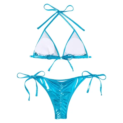 Women Bikini Sets Metallic Shiny String Push Up Padded Bra Thong 2 Pieces Swimsuit Set G-String T Back Thong Triangle Panty - Image 8