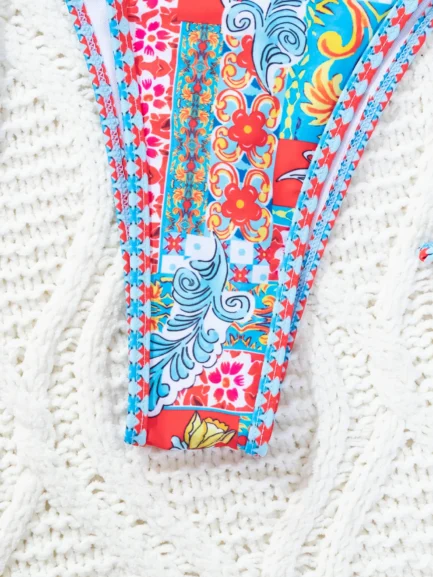 Colorful Printed Bikini Set for Women Sexy Thong Triangle Bra 2 Piece Swimsuit Suspender Backless Beach Vacation Swimwear 2024 - Image 4