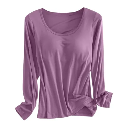 Built in Bra Padded Long Sleeve T Shirt Women Active Soft Casual Pajama Tops Tee Loose Fit Korean Home Round Neck Tee Shirt - Image 14