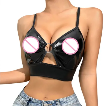 Women Sexy Glossy Leather Bra For Sex Hot Porn Sexy Lingerie Metal Ring Hollow Latex Push Up Bralette Tops Bra Women Clubwear - Image 14