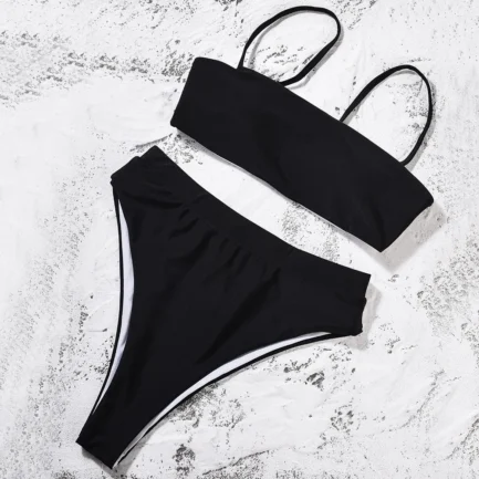 Women'S Solid Color Bikini Set Strapless Bandeau Bra High Waist Briefs Two Piece Swimwear Biquini Women'S Beach Swimming Suit - Image 42