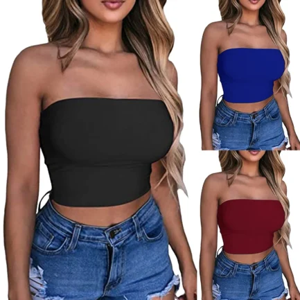 Women Sexy Solid Color Crop Bandage Top Strapless Bandeau Tube Top Sleeveless Backless Non-Slip Women Underwear Cami Vest