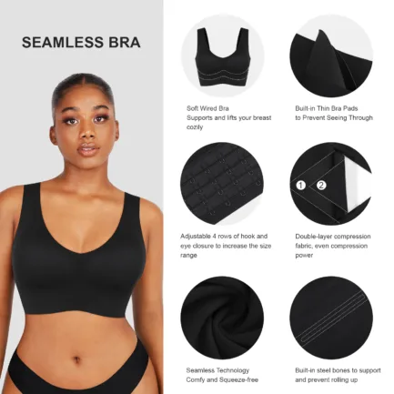 Women Fitted V-Neck Seamless Bra Tank Top Built-in thin Bra Cup Hide Back Fat Full Back Coverage Underwire Steel Bones Bra - Image 15