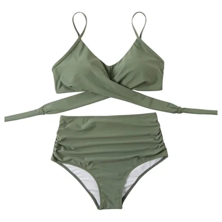 Solid Swimsuit for Women High Waist Bikini Swimwear Sexy Push Up Bra Soild Swimwears Tankinis Set Ruched Wrap Hip Triangle Panty - Image 13